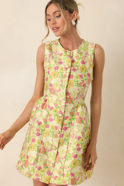 Fresh Picked Feelings Yellow Multi Floral Button Front Sleeveless Mini Dress