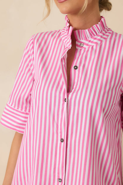 In Perfect Order Pink Stripe Button Front Ruffle Collar Midi Shirt Dress