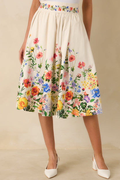 A Beautiful Arrangement Ivory Multi Floral Cotton Midi Skirt
