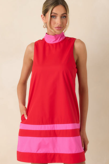 Up to Something Red & Pink Contrast Tie-Back Sleeveless Mini Dress