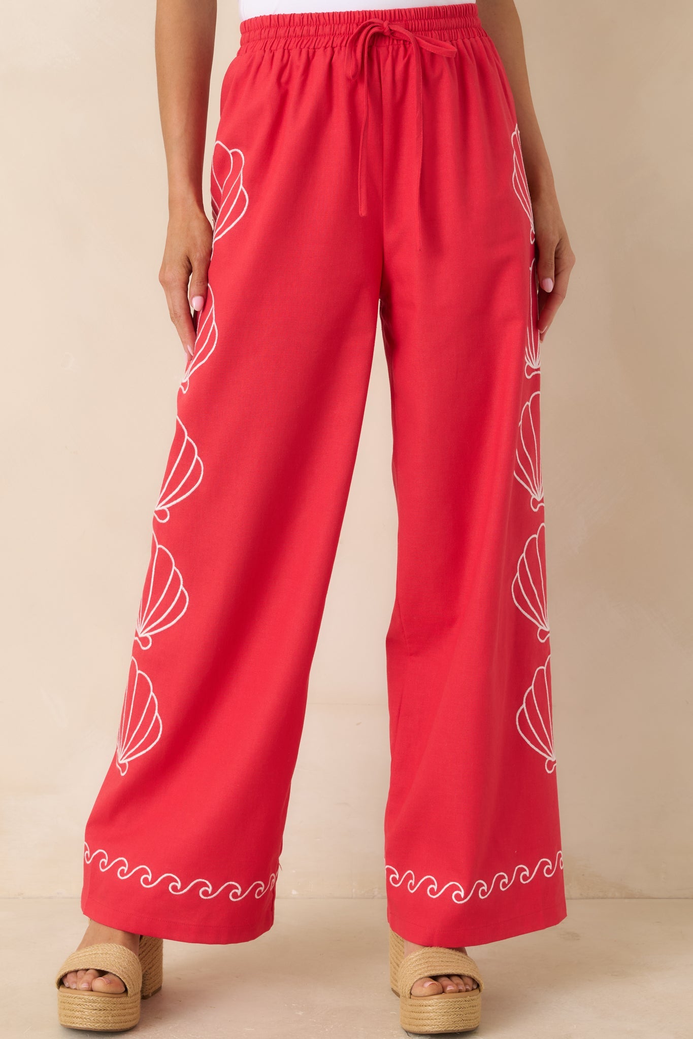 Sea You Soon Red Cotton Blend Shell Embroidered Wide Leg Pants