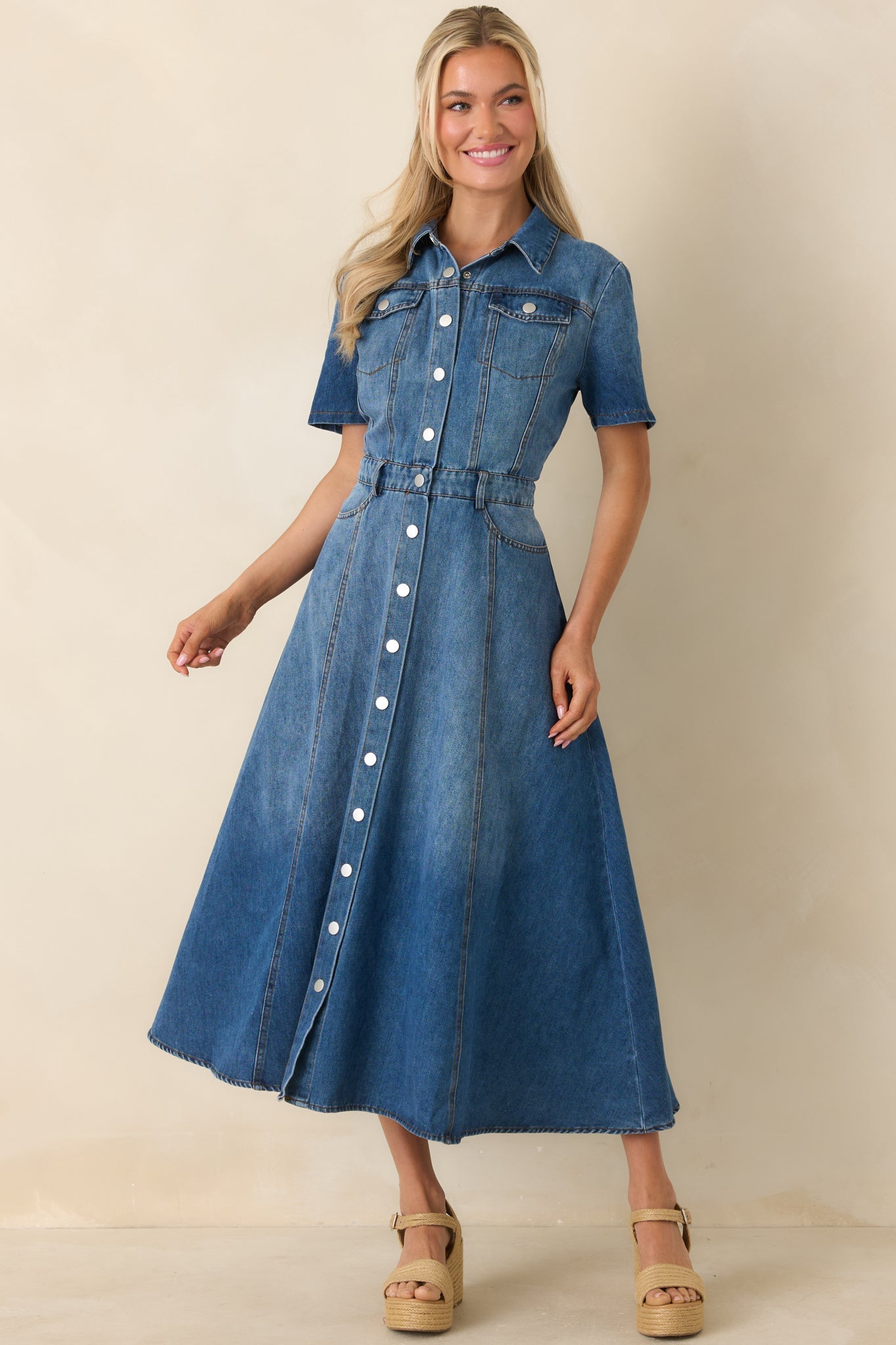 The Right Impression Medium Wash Cotton Denim Midi Dress