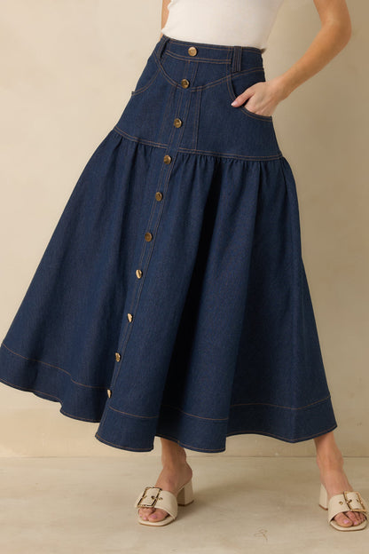 Town & Country Dark Wash Denim Button-Down Maxi Skirt