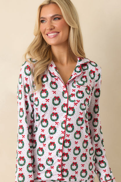 The Merriest Thing White Multi Wreath Long Sleeve Button Up Pajama Top