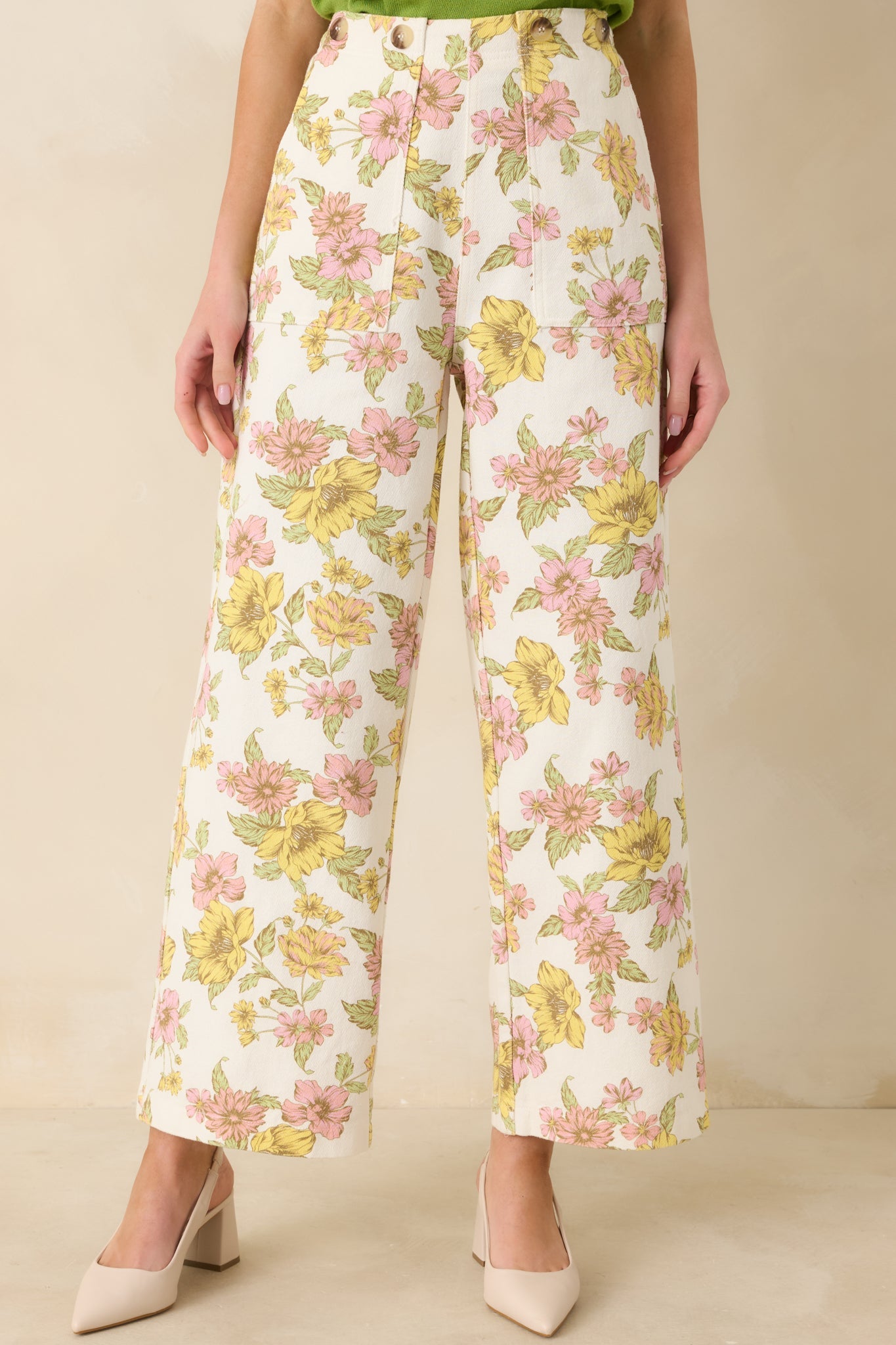 Crossing The Line Ivory Floral Print Wide Leg Pants
