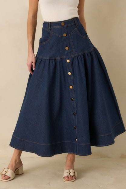 Town & Country Dark Wash Denim Button-Down Maxi Skirt