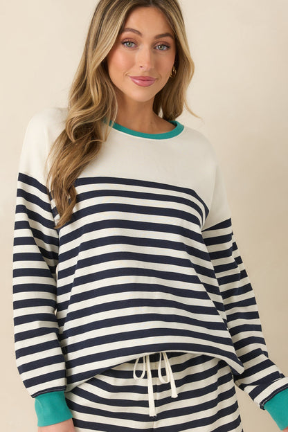 Z Supply Navy Cotton Blend Layer Up Stripe Sweatshirt