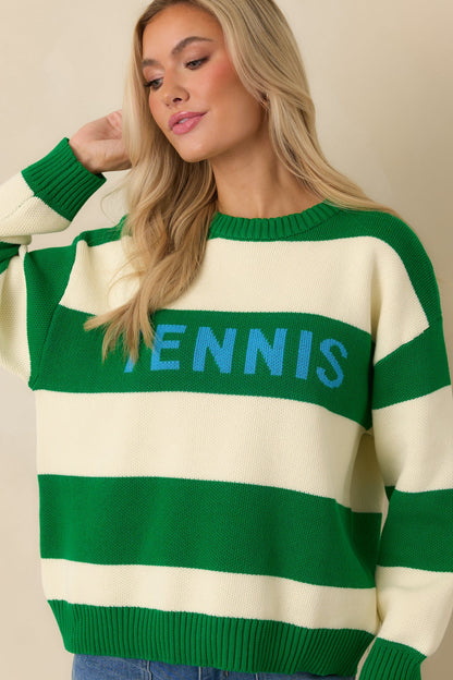 Courtside Classic Kelly Green Stripe Cotton Knit Tennis Sweater