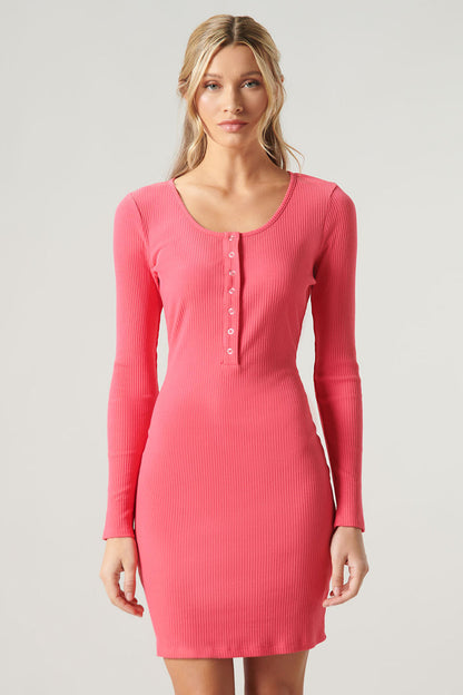 Avignon Ribbed Knit Long Sleeve Henley Mini Dress