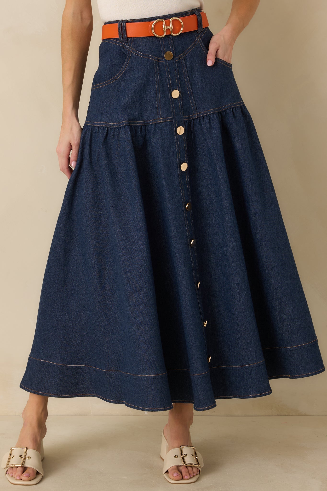 Town & Country Dark Wash Denim Button-Down Maxi Skirt