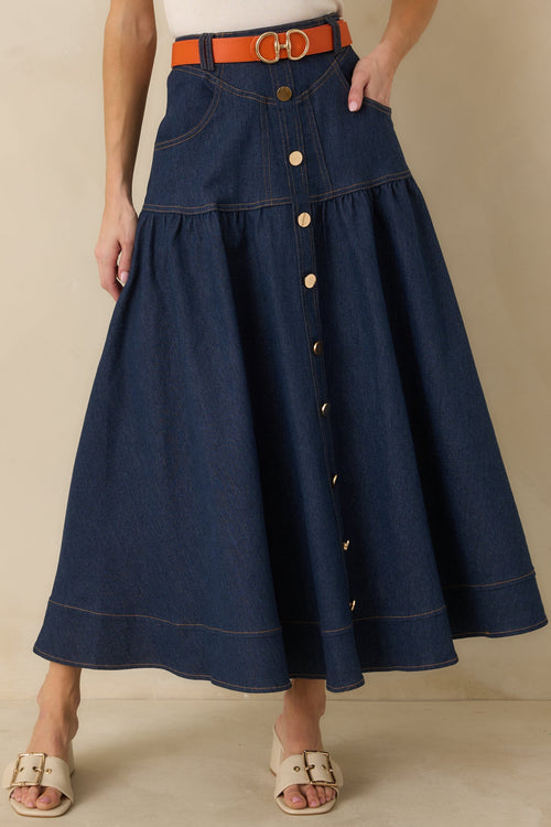 Town & Country Dark Wash Denim Button-Down Maxi Skirt