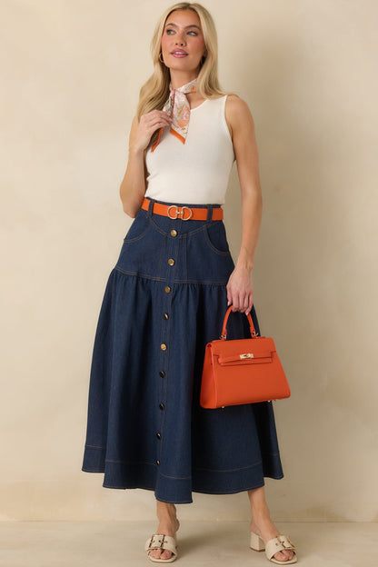 Town & Country Dark Wash Denim Button-Down Maxi Skirt