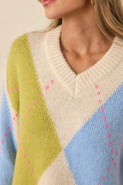 Can't Go Wrong Green & Blue Knit Argyle V-Neck Sweater