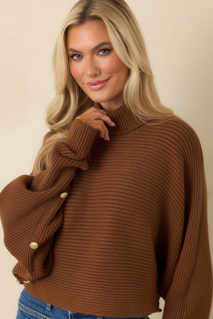 Polished Path Brown Ribbed Batwing Cropped Turtleneck Sweater