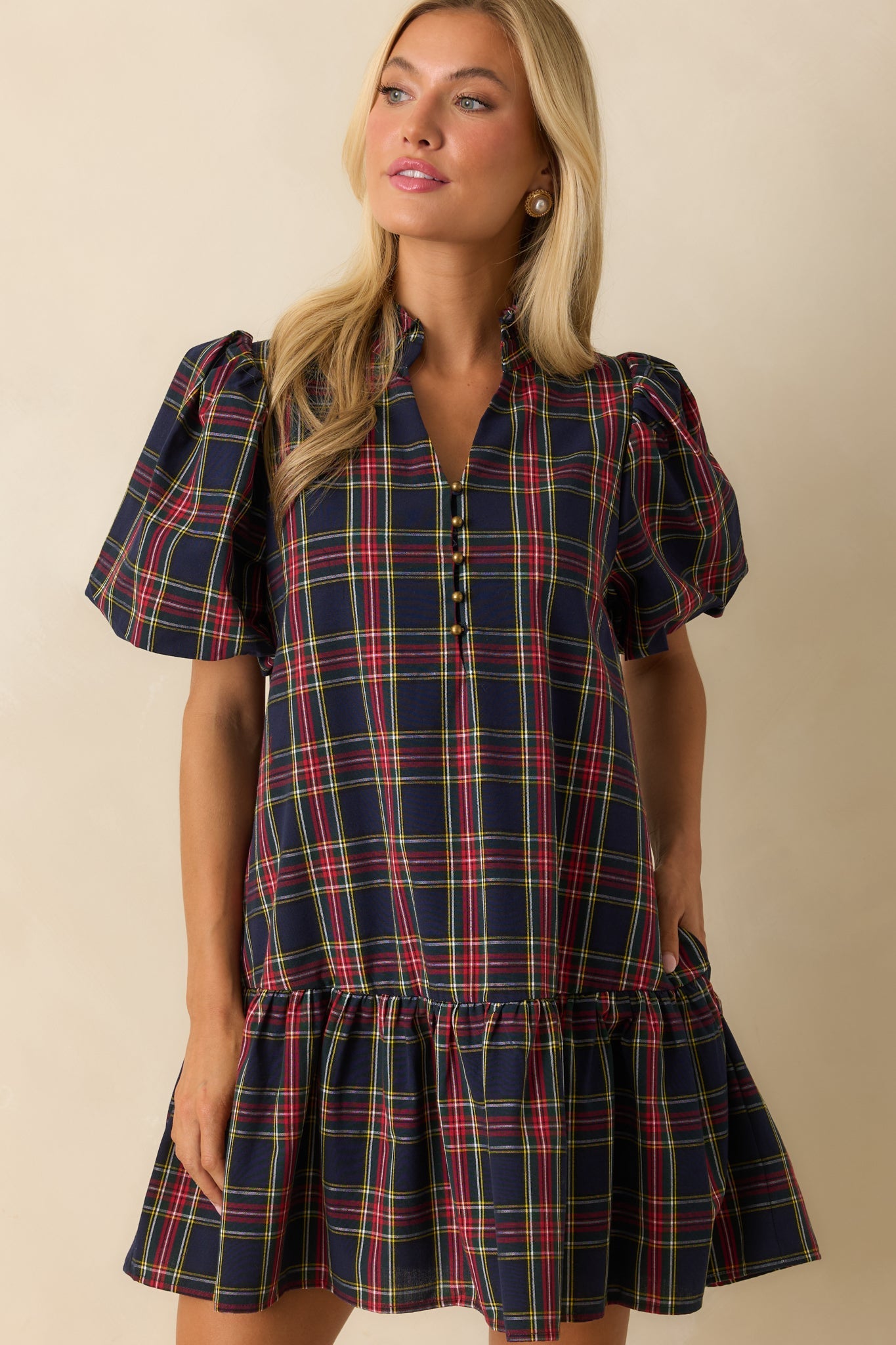 Wrapped in Cheer Navy Plaid Mini Dress