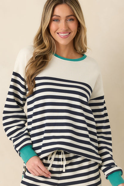 Z Supply Navy Cotton Blend Layer Up Stripe Sweatshirt