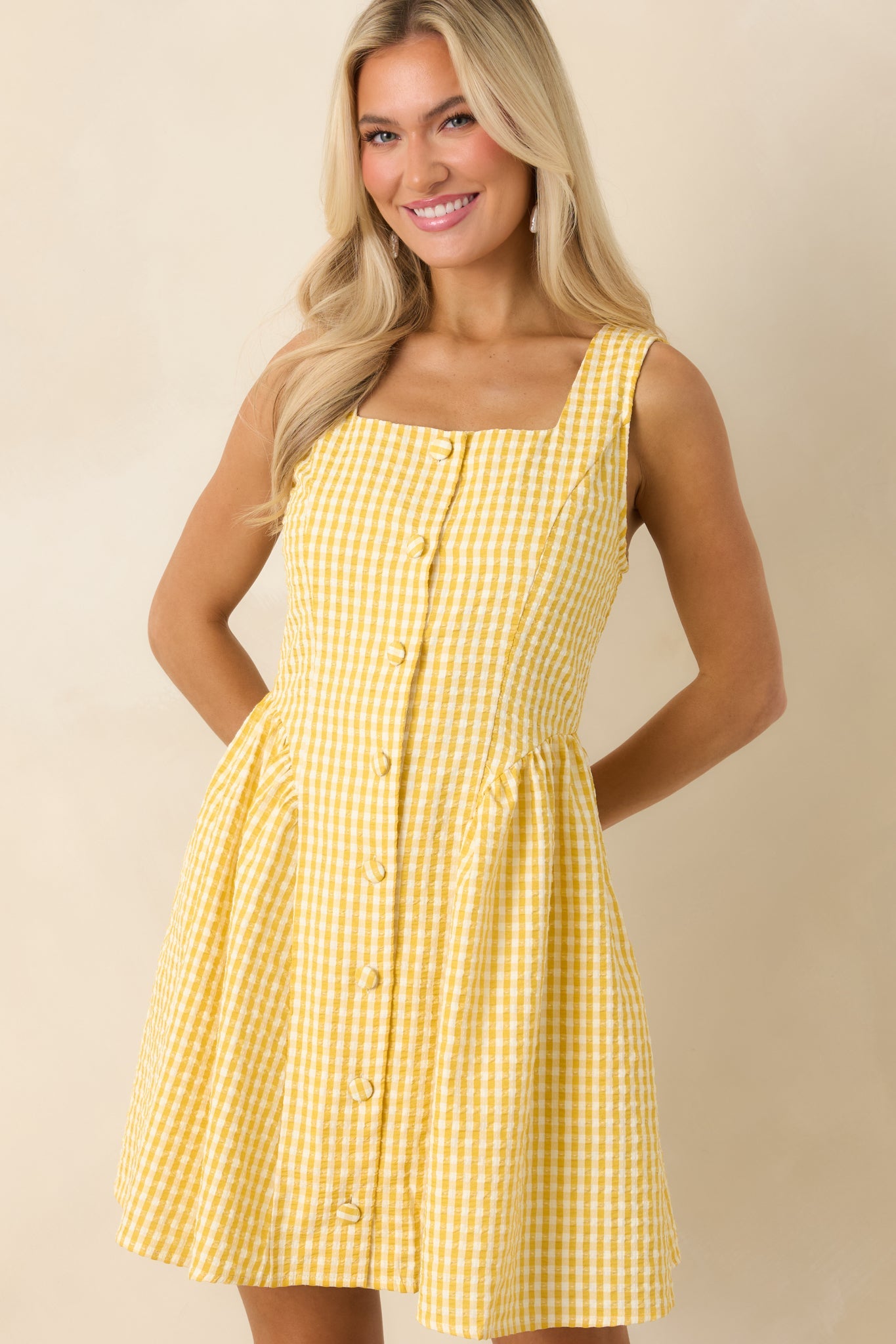 Caught in the Sunshine Yellow Gingham Sleeveless Mini Dress