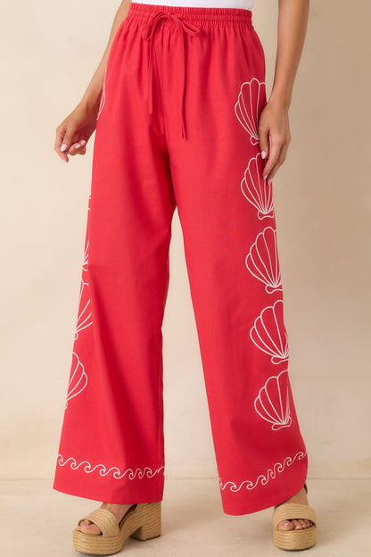 Sea You Soon Red Cotton Blend Shell Embroidered Wide Leg Pants