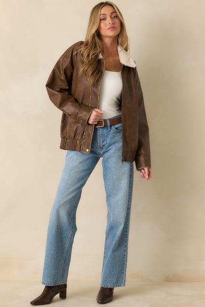 Fly Right Cognac Brown Faux Leather Bomber Jacket