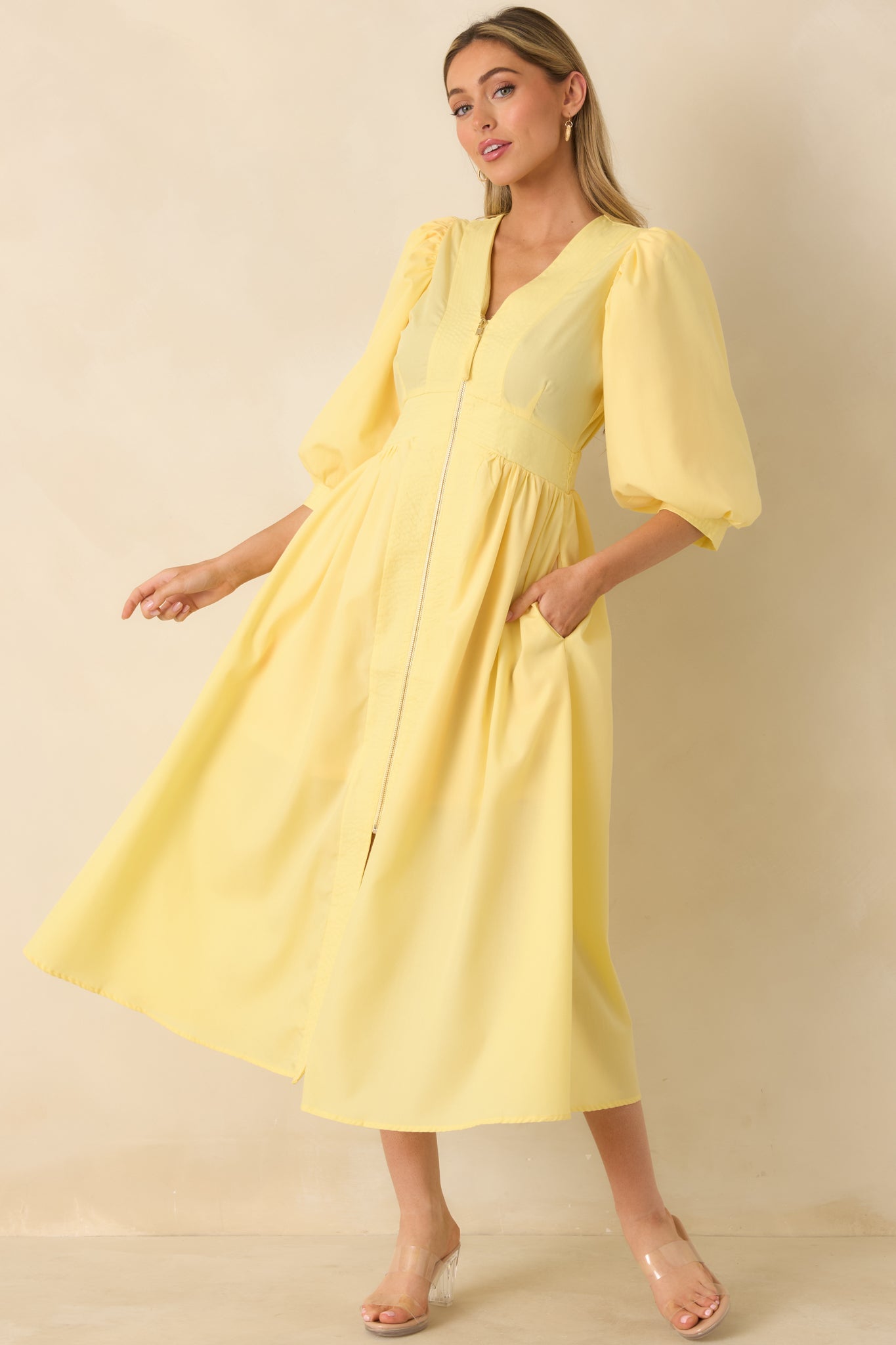 To Be Fair Daffodil Yellow Blouson Sleeve Zip Up Midi Dress