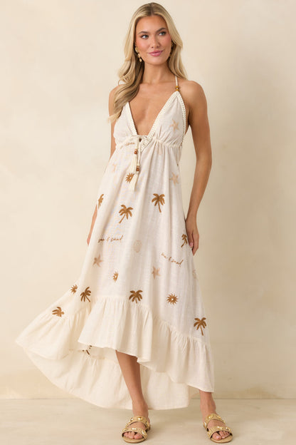 Sunwashed Sands Light Beige Cotton Coastal Embroidered Midi Dress