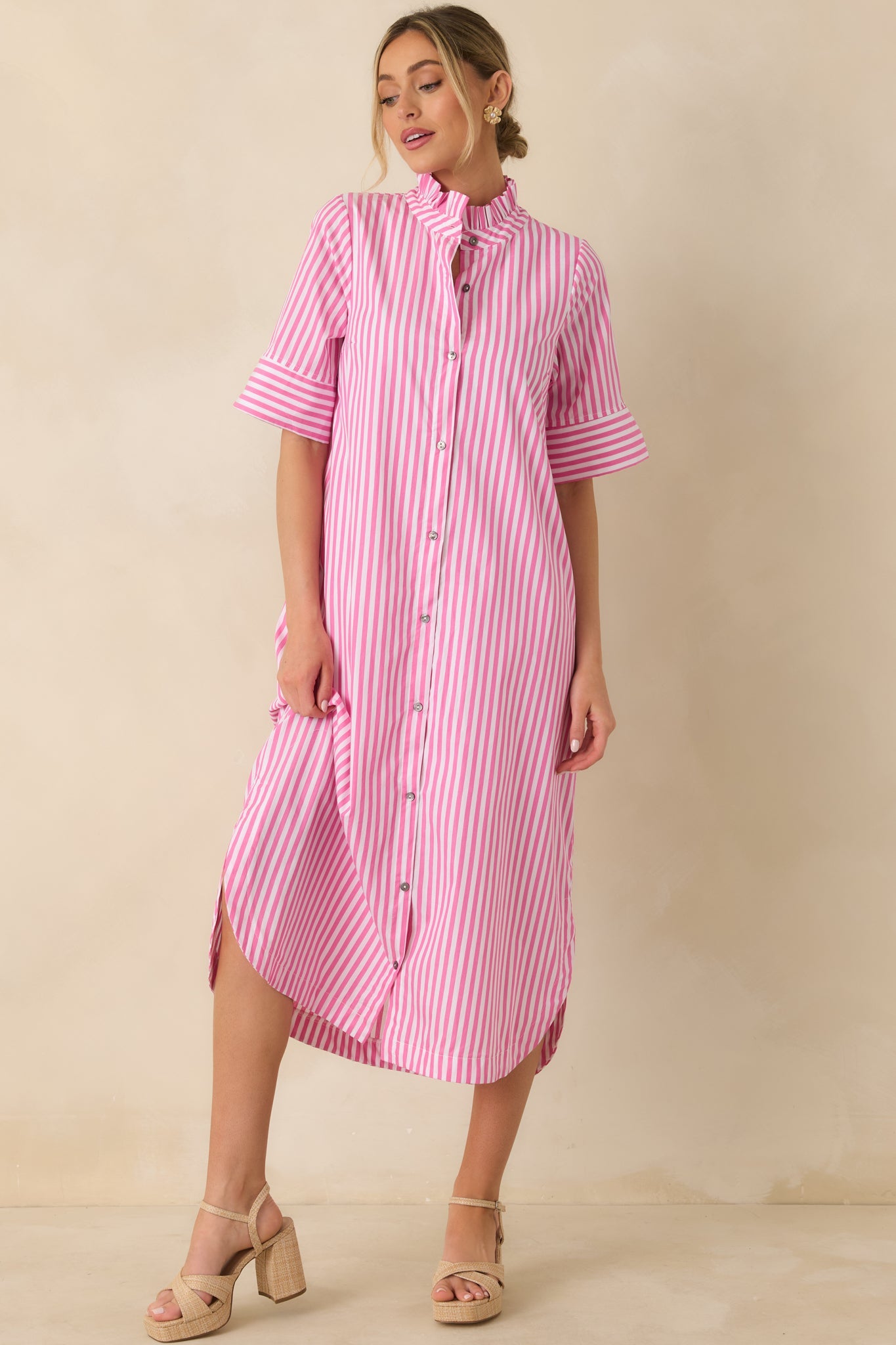 In Perfect Order Pink Stripe Button Front Ruffle Collar Midi Shirt Dress
