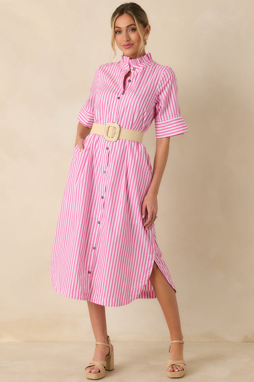 In Perfect Order Pink Stripe Button Front Ruffle Collar Midi Shirt Dress