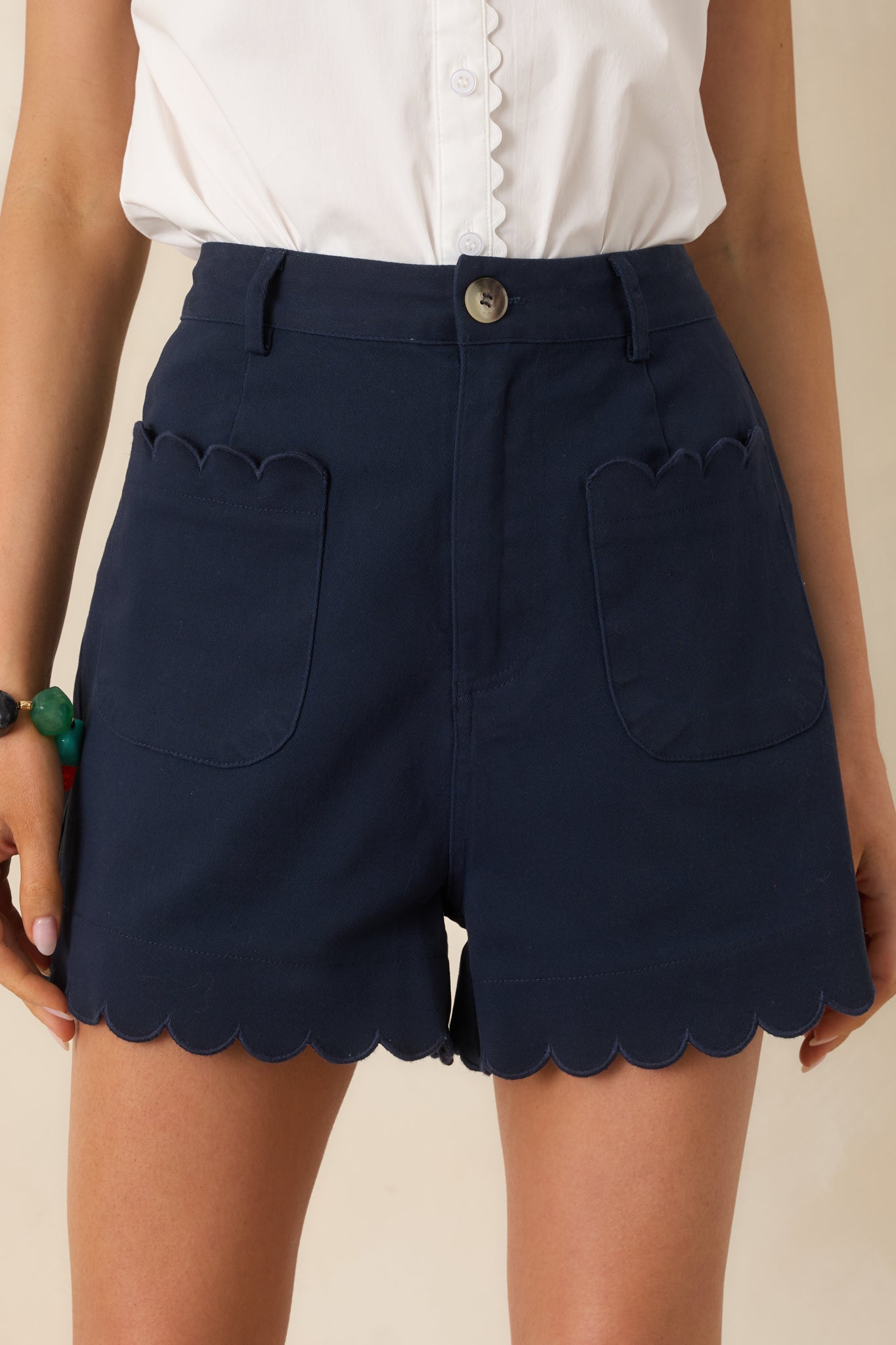 You Were Saying Navy Cotton Scalloped Trim Shorts