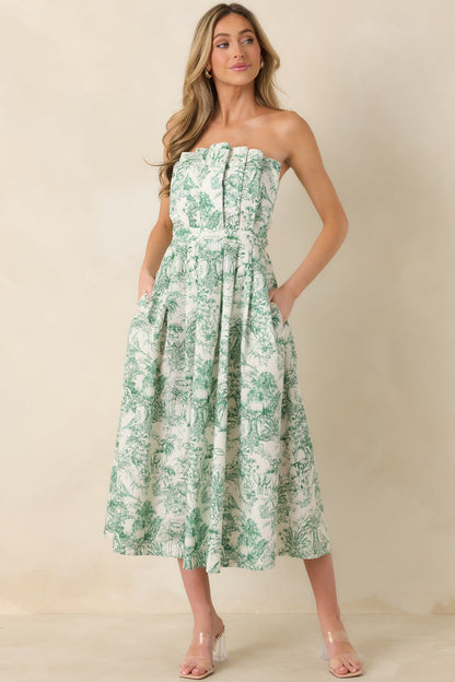 The Genevieve 100% Cotton Green Toile Strapless Midi Dress