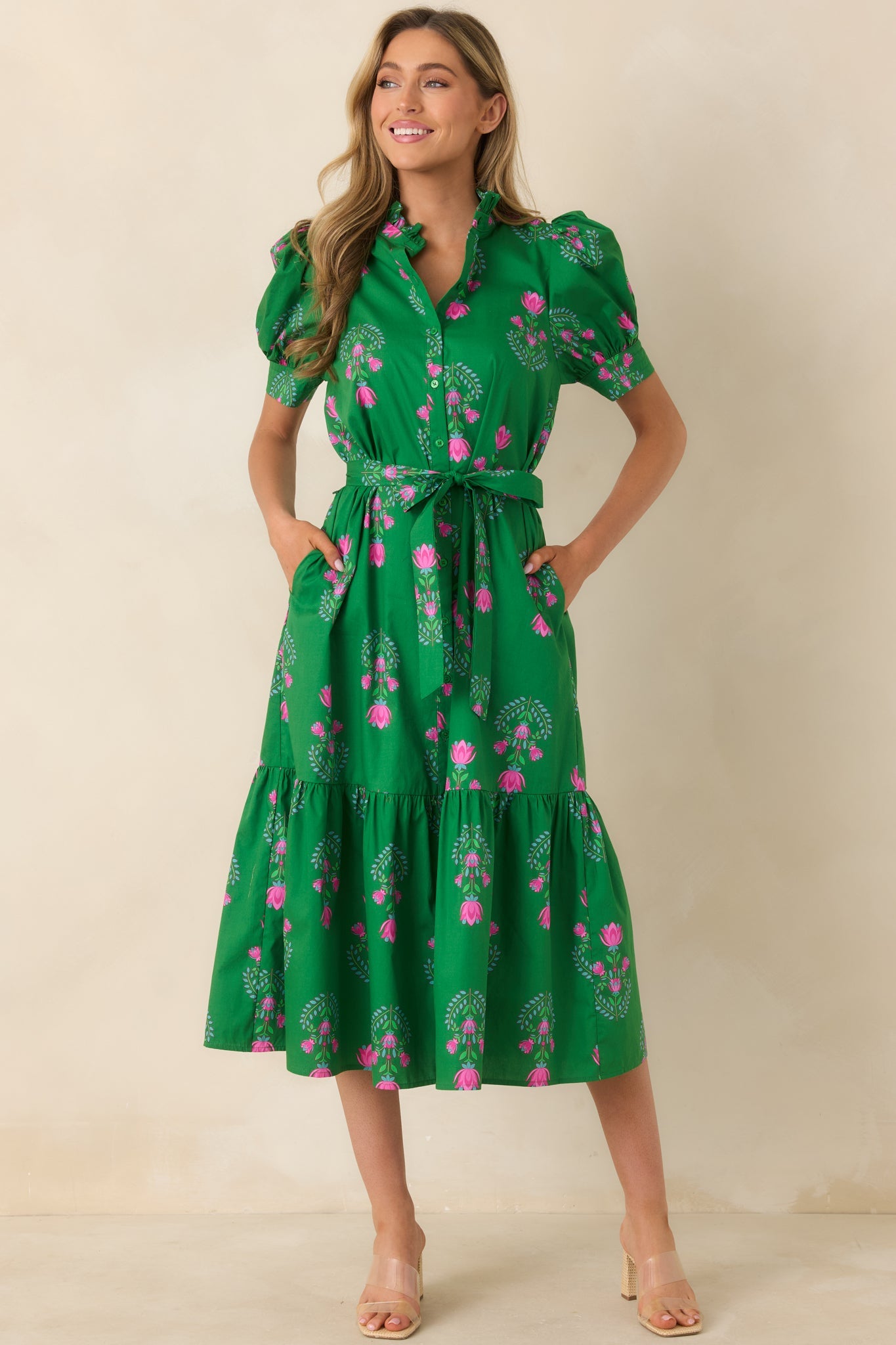 Free To Fly Green Cotton Floral Button Front Midi Dress