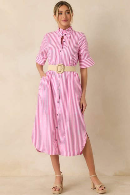 In Perfect Order Pink Stripe Button Front Ruffle Collar Midi Shirt Dress