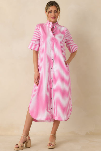 In Perfect Order Pink Stripe Button Front Ruffle Collar Midi Shirt Dress