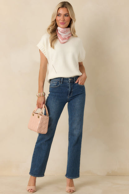 Easy to Adore Ivory Knit Short Sleeve Mock Neck Sweater