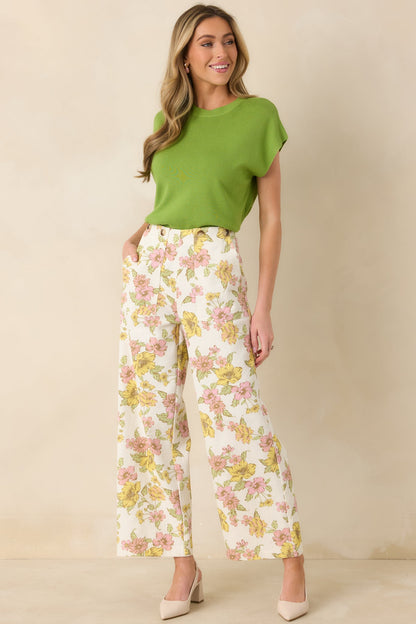 Crossing The Line Ivory Floral Print Wide Leg Pants
