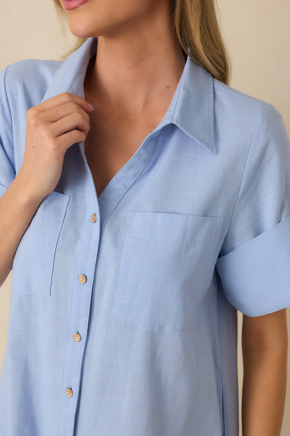 Show Me the Way Light Blue Cotton Button Front Midi Shirt Dress