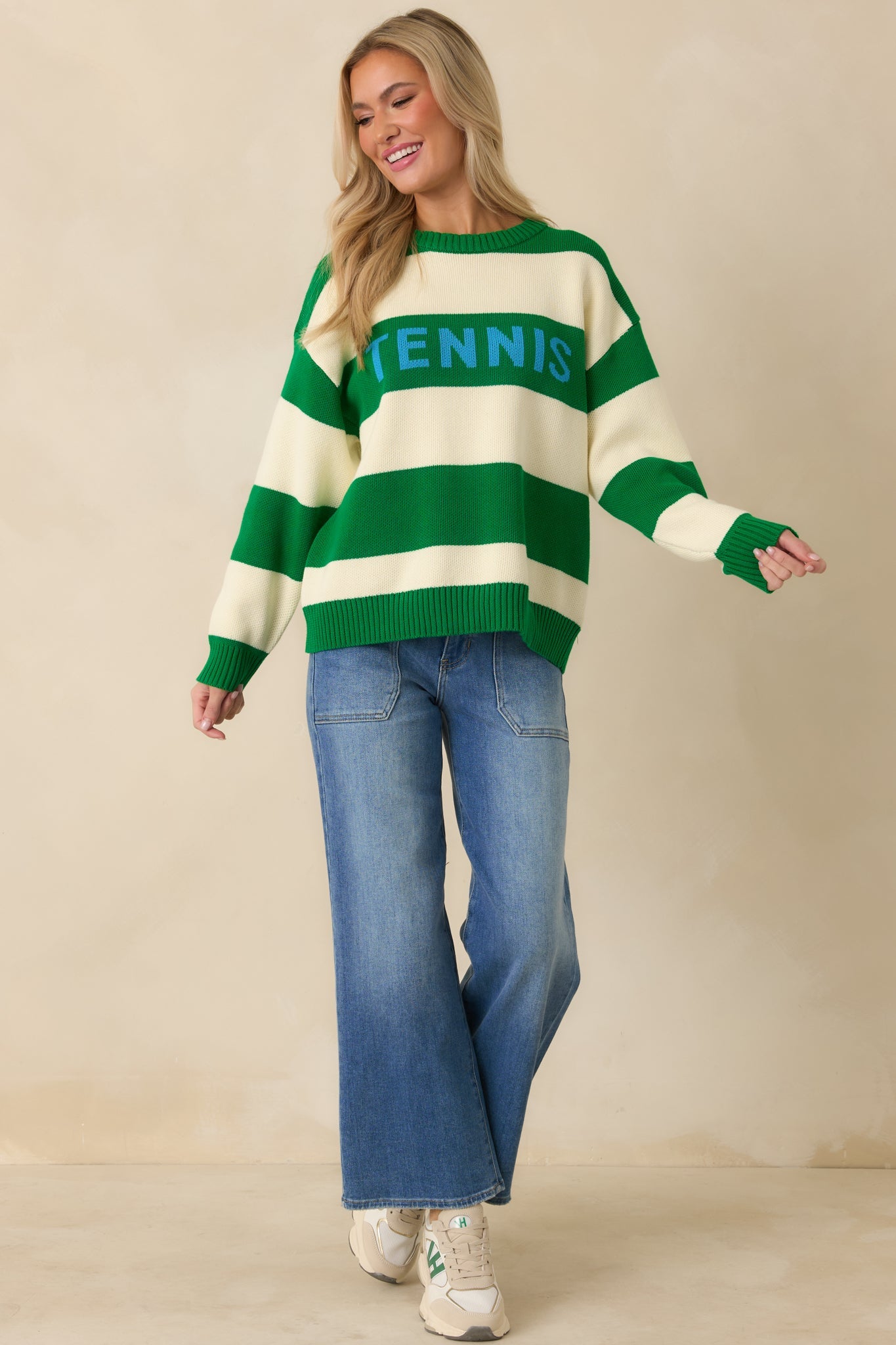 Courtside Classic Kelly Green Stripe Cotton Knit Tennis Sweater