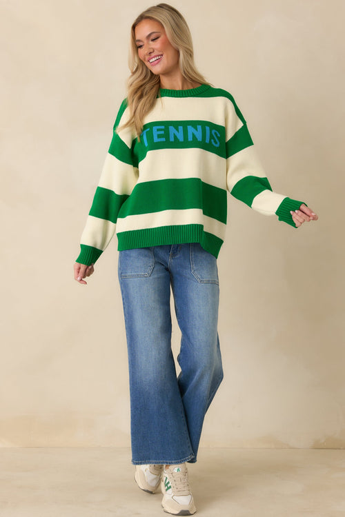 Courtside Classic Kelly Green Stripe Cotton Knit Tennis Sweater