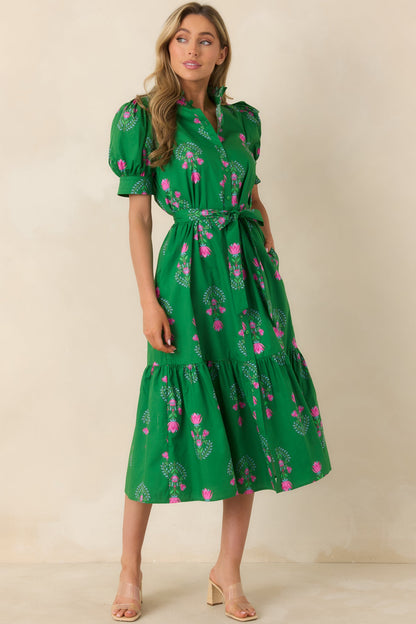 Free To Fly Green Cotton Floral Button Front Midi Dress