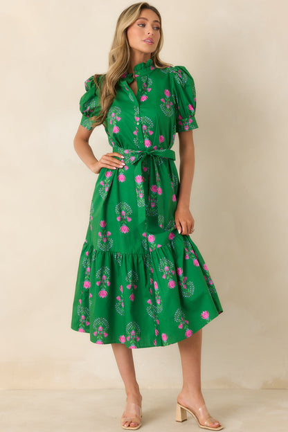 Free To Fly Green Cotton Floral Button Front Midi Dress