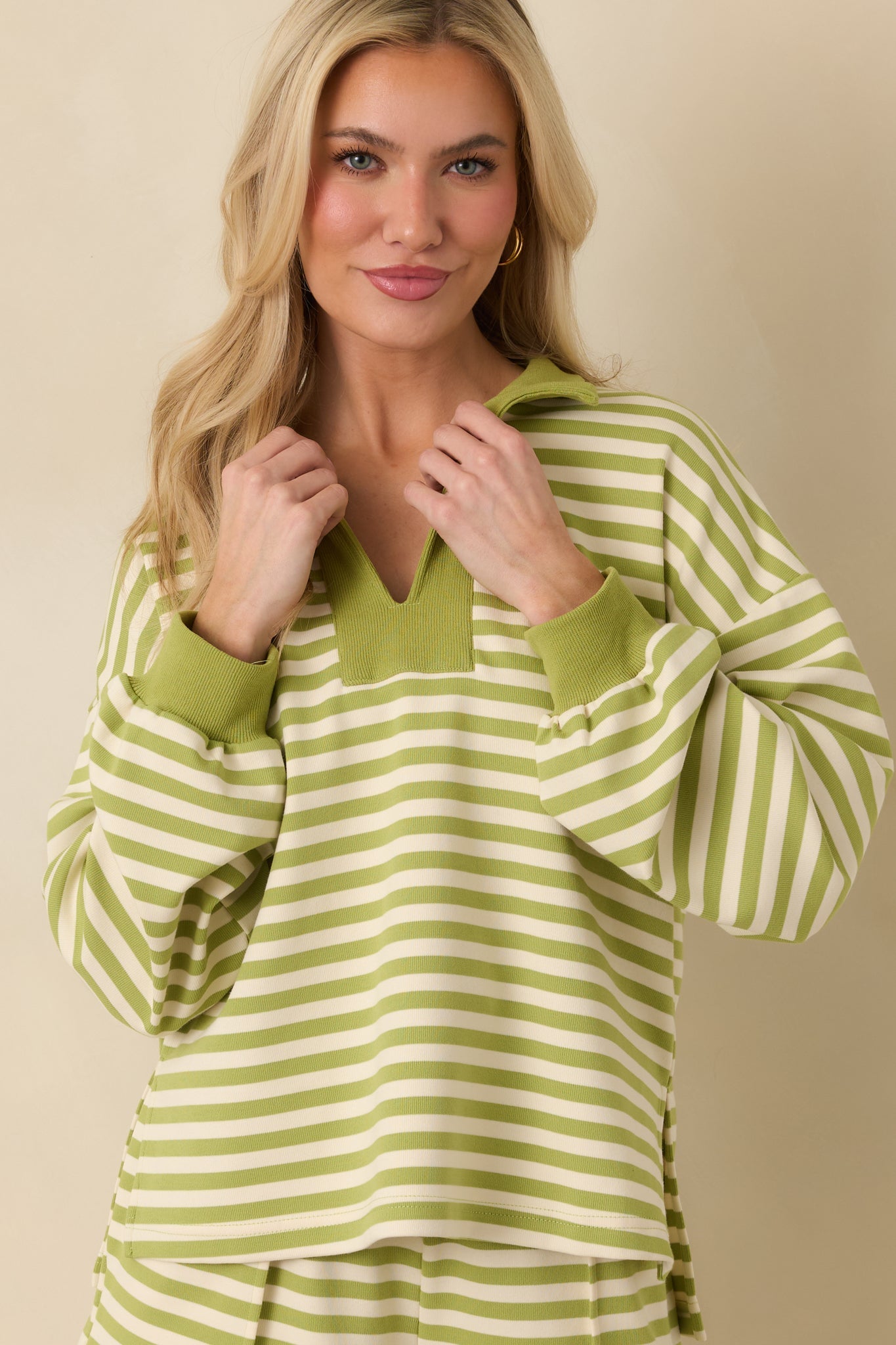 Smooth Strides Matcha Green Stripe Long Sleeve V-Neck Lounge Top