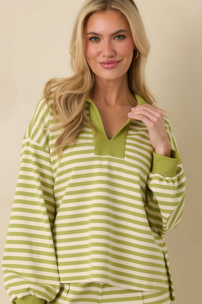 Smooth Strides Matcha Green Stripe Long Sleeve V-Neck Lounge Top