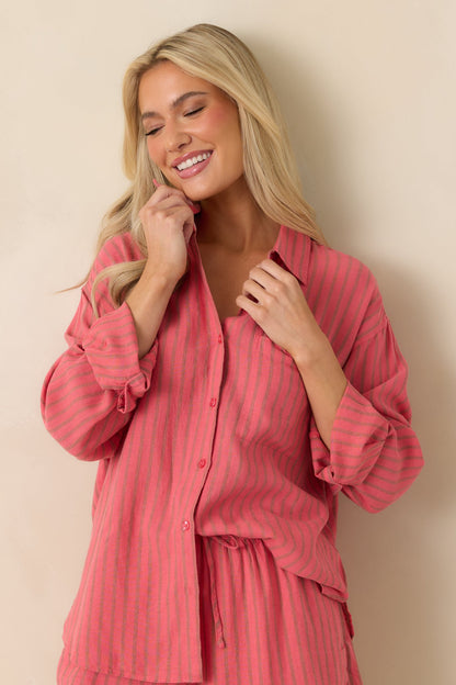 Z Supply The Perfect Coral Pink Stripe Button Up Top