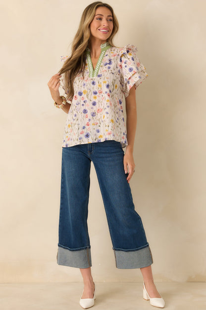 Painted Meadows Ivory Multi Cotton Floral Print Ruffle Sleeve Blouse