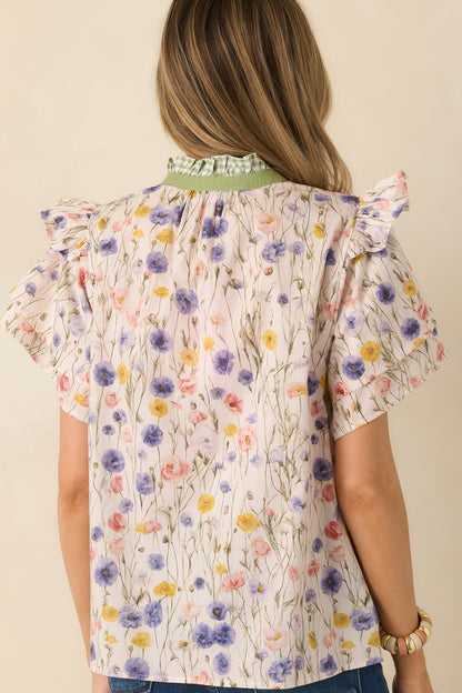 Painted Meadows Ivory Multi Cotton Floral Print Ruffle Sleeve Blouse