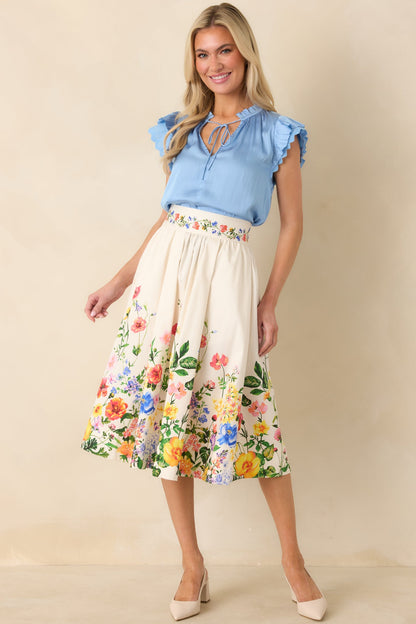 A Beautiful Arrangement Ivory Multi Floral Cotton Midi Skirt