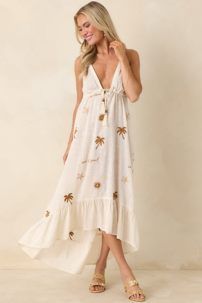 Sunwashed Sands Light Beige Cotton Coastal Embroidered Midi Dress