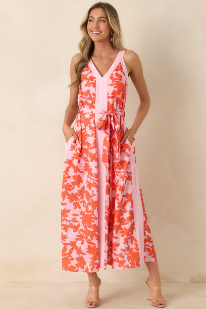 Living For It Orange & Light Pink Floral V-Neck Tie Belt Dress