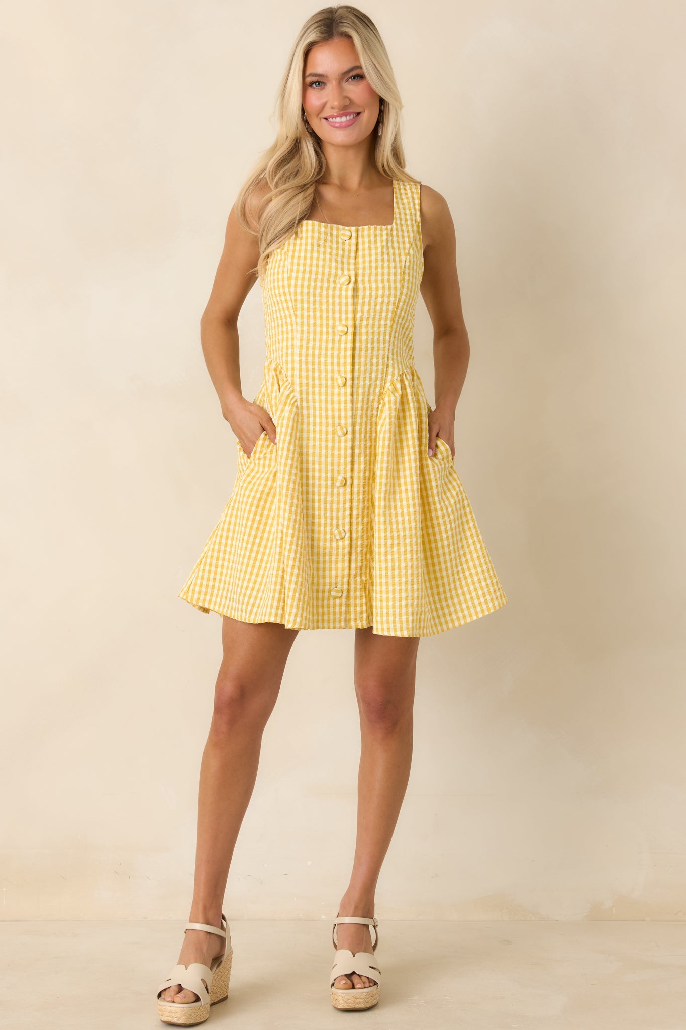 Caught in the Sunshine Yellow Gingham Sleeveless Mini Dress