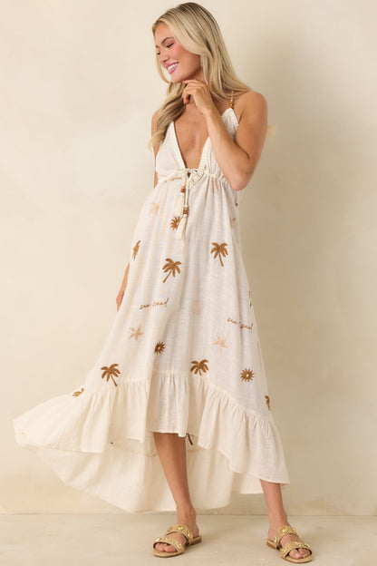 Sunwashed Sands Light Beige Cotton Coastal Embroidered Midi Dress