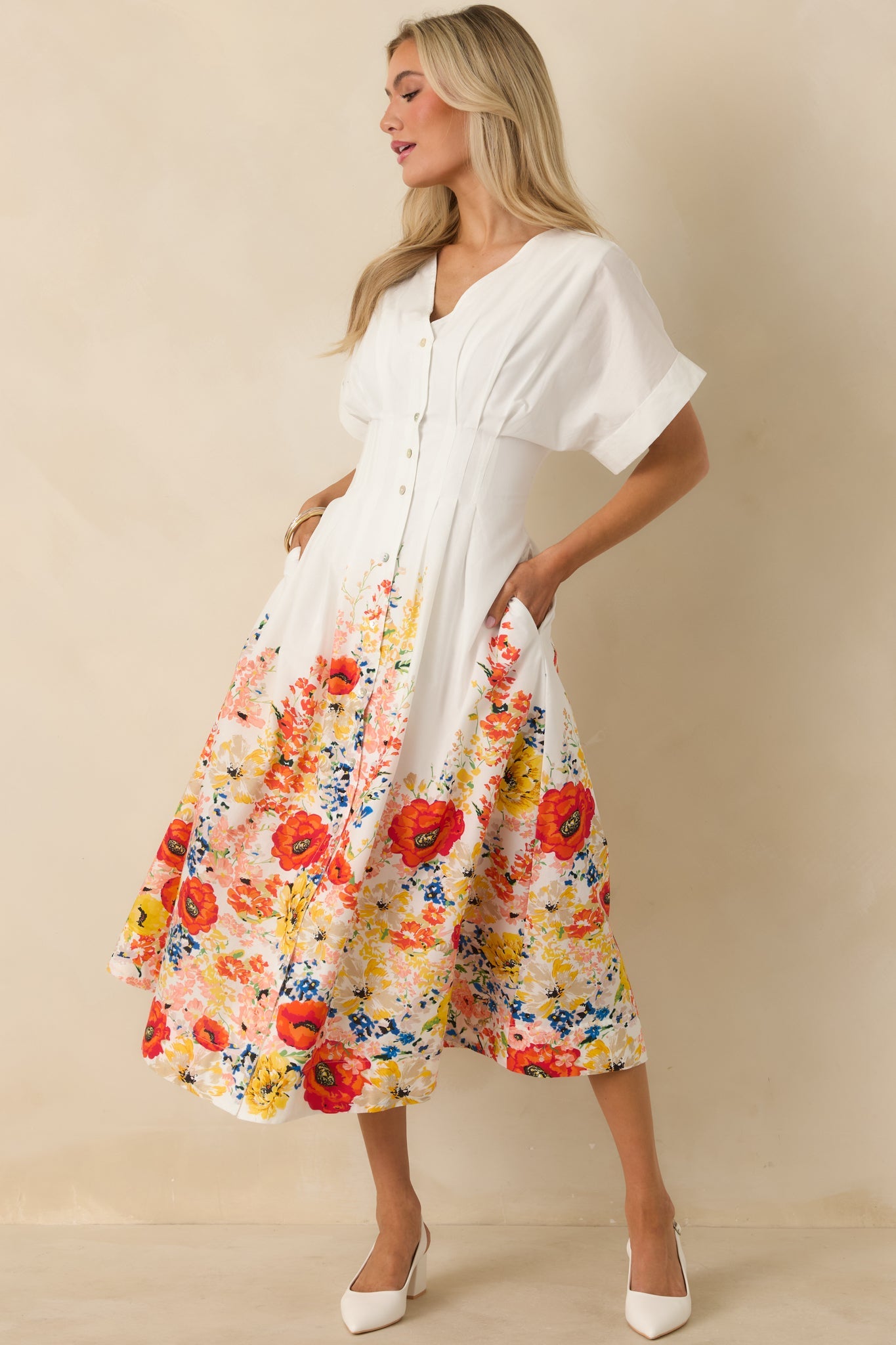 What Comes Next White Multi Cotton Floral Midi Dress